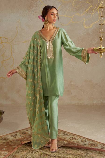Buy_Chhavvi Aggarwal_Green Chanderi, Georgette, Linen Sequins, Beads Embroidered Kurta Pant Set _Online_at_Aza_Fashions