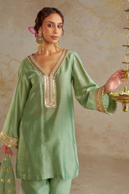 Shop_Chhavvi Aggarwal_Green Chanderi, Georgette, Linen Sequins, Beads Embroidered Kurta Pant Set _Online_at_Aza_Fashions