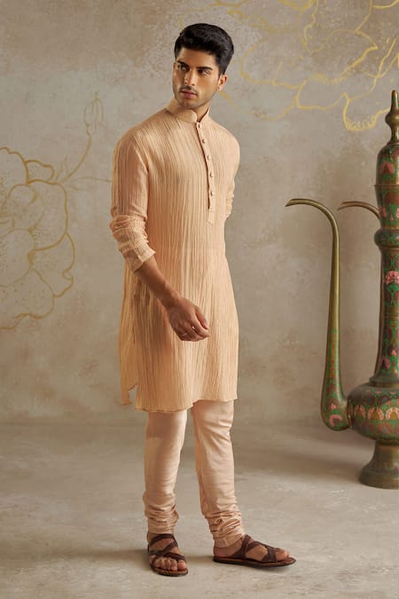 Chhavvi Aggarwal_Beige Crepe, Cotton Textured Kurta With Pant _Online_at_Aza_Fashions