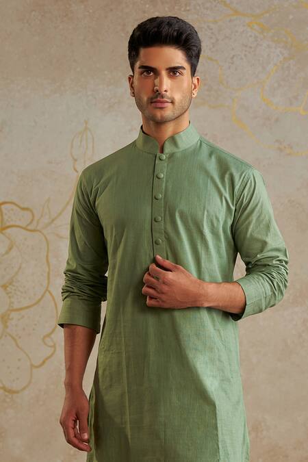 Shop_Chhavvi Aggarwal_Green Linen, Cotton Solid Kurta With Pant _at_Aza_Fashions