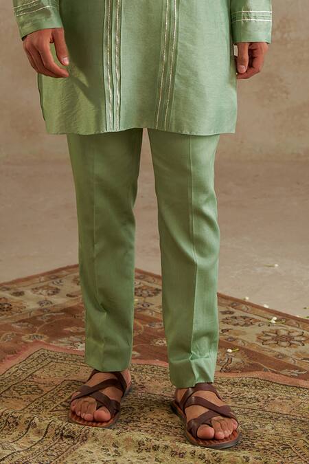 Chhavvi Aggarwal Green Chanderi, Cotton Embroidery, Gota Patti Lace Kurta And Pant Set Online at Aza Fashions Chhavvi Aggarwal_Green Chanderi, Cotton Embroidery, Gota Patti Lace Kurta And Pant Set _Online_at_Aza_Fashions