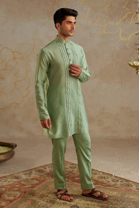 Buy Chhavvi Aggarwal Green Chanderi, Cotton Embroidery, Gota Patti Lace Kurta And Pant Set Online at Aza Fashions Buy_Chhavvi Aggarwal_Green Chanderi, Cotton Embroidery, Gota Patti Lace Kurta And Pant Set _Online_at_Aza_Fashions