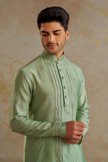 Shop Chhavvi Aggarwal Green Chanderi, Cotton Embroidery, Gota Patti Lace Kurta And Pant Set Online at Aza Fashions Shop_Chhavvi Aggarwal_Green Chanderi, Cotton Embroidery, Gota Patti Lace Kurta And Pant Set _Online_at_Aza_Fashions