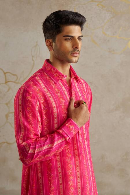 Buy_Chhavvi Aggarwal_Pink Crepe, Cotton Embroidery Geometric Floral Print Kurta And Pant Set _Online_at_Aza_Fashions