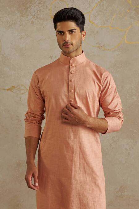 Chhavvi Aggarwal_Peach Crepe, Gingham, Cotton Solid Kurta With Pant _Online_at_Aza_Fashions