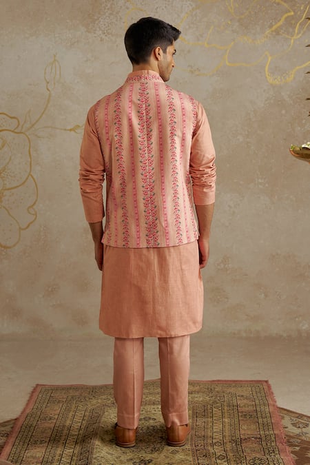Shop_Chhavvi Aggarwal_Peach Crepe, Linen, Cotton Embroidery Printed Kurta Set With Bundi _at_Aza_Fashions