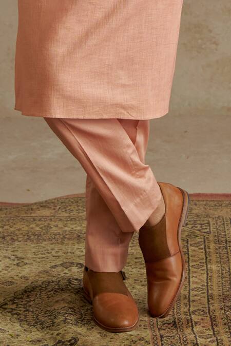 Chhavvi Aggarwal_Peach Crepe, Linen, Cotton Embroidery Printed Kurta Set With Bundi _Online_at_Aza_Fashions
