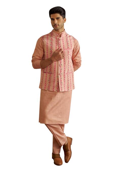 Buy_Chhavvi Aggarwal_Peach Crepe, Linen, Cotton Embroidery Printed Kurta Set With Bundi _Online_at_Aza_Fashions