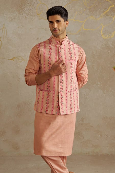Shop_Chhavvi Aggarwal_Peach Crepe, Linen, Cotton Embroidery Printed Kurta Set With Bundi _Online_at_Aza_Fashions
