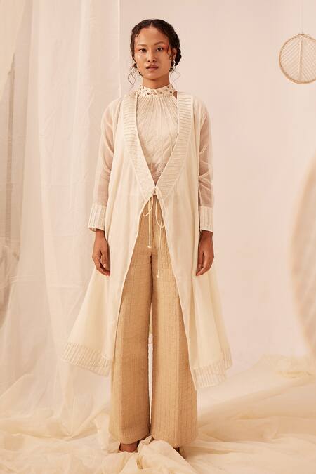 EK Katha_Off White Chanderi Silk Woven Stripe Open Angarkha Jacket _Online_at_Aza_Fashions