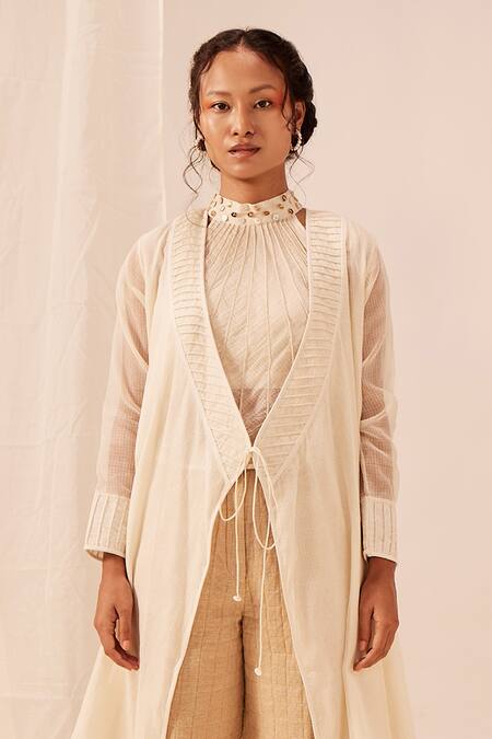 Buy_EK Katha_Off White Chanderi Silk Woven Stripe Open Angarkha Jacket _Online_at_Aza_Fashions