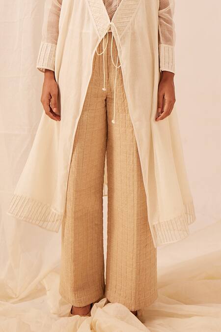 Shop_EK Katha_Off White Chanderi Silk Woven Stripe Open Angarkha Jacket _Online_at_Aza_Fashions