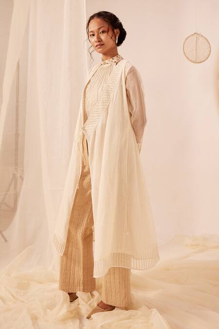 EK Katha_Off White Chanderi Silk Woven Stripe Open Angarkha Jacket _at_Aza_Fashions