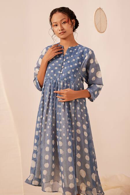 Buy_EK Katha_Blue Kota Doriya Printed Batik Notched Midi Dress _Online_at_Aza_Fashions