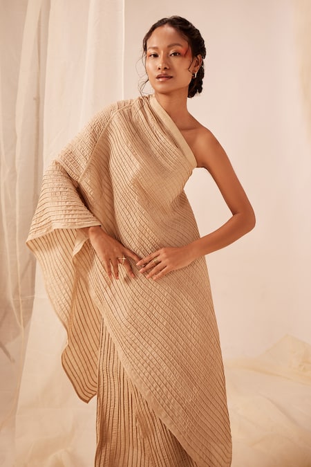 EK Katha_Beige Tussar Silk Embroidery Cord Skirt _Online_at_Aza_Fashions