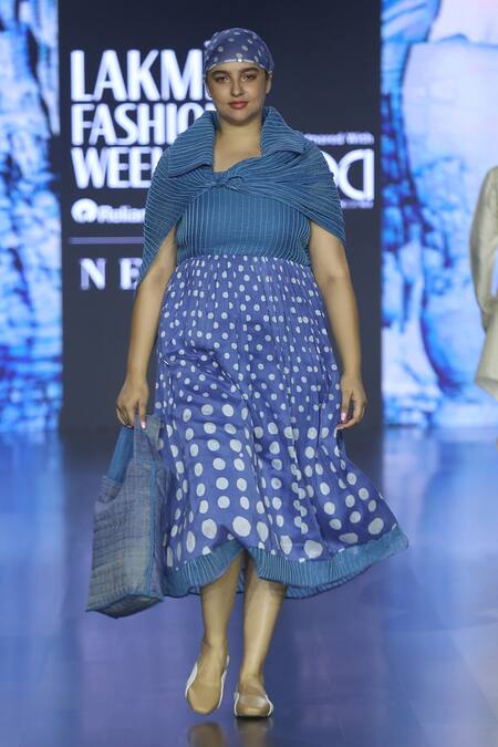 Buy_EK Katha_Blue Kota Doriya Printed Batik Collar Dress _Online_at_Aza_Fashions