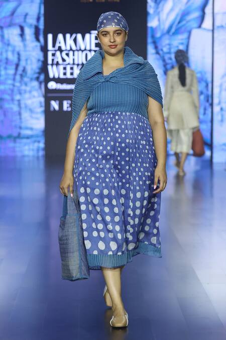 Shop_EK Katha_Blue Kota Doriya Printed Batik Collar Dress _Online_at_Aza_Fashions