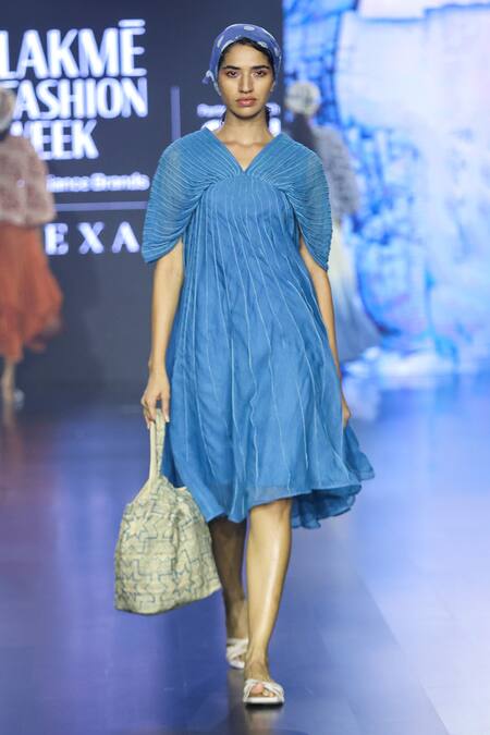 EK Katha_Blue Mulberry Silk Embroidery Cord V Neck Dress _Online_at_Aza_Fashions