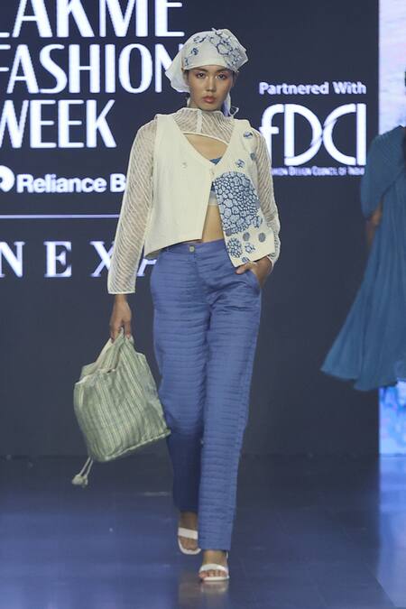 EK Katha_Blue Cotton Embroidery Floral Patchwork V Neck Vest And Pant Set _Online_at_Aza_Fashions