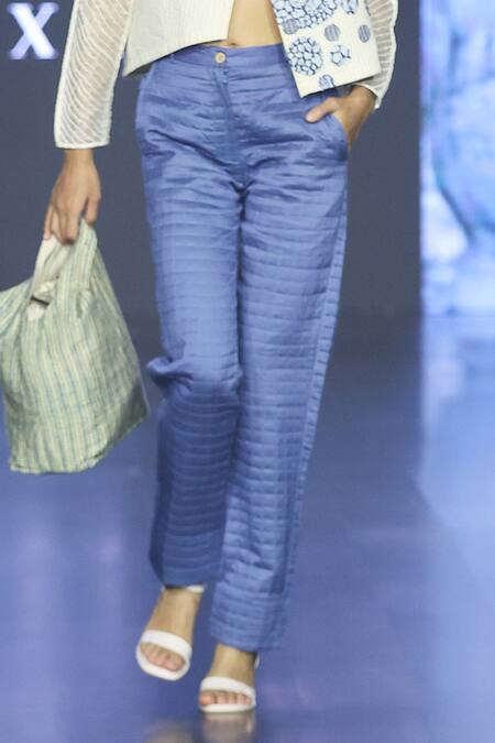 Buy_EK Katha_Blue Cotton Embroidery Floral Patchwork V Neck Vest And Pant Set _Online_at_Aza_Fashions