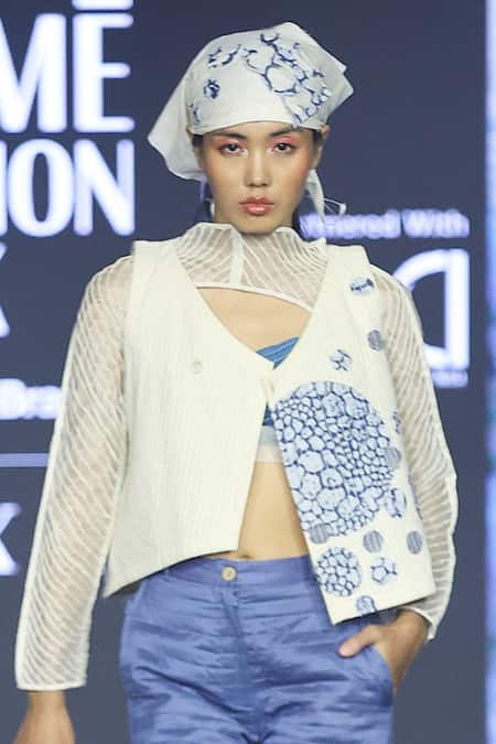 Shop_EK Katha_Blue Cotton Embroidery Floral Patchwork V Neck Vest And Pant Set _Online_at_Aza_Fashions