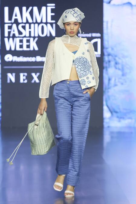 EK Katha_Blue Cotton Embroidery Floral Patchwork V Neck Vest And Pant Set _at_Aza_Fashions