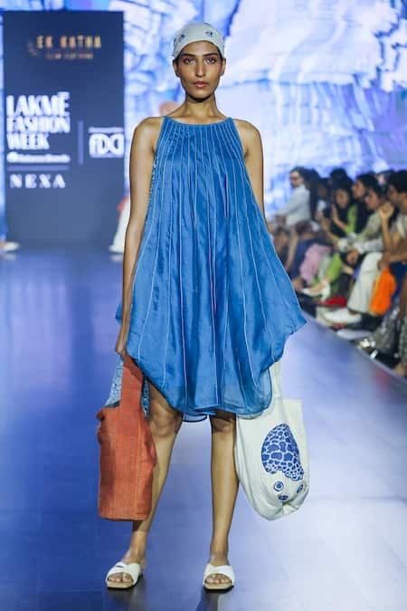 Ek Katha Blue Silk Organza Embroidery Cord Boat Neck Panelled Dress 