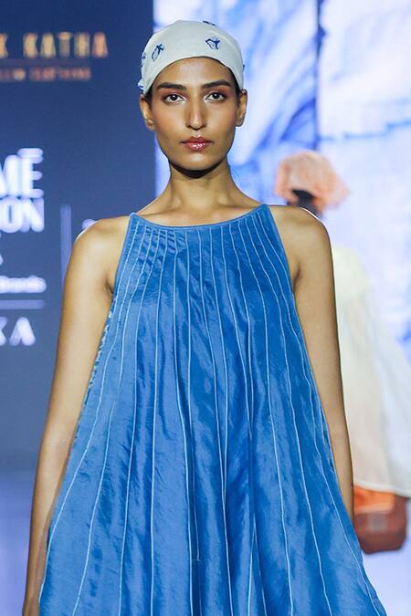 EK Katha_Blue Silk Organza Embroidery Cord Boat Neck Panelled Dress _Online_at_Aza_Fashions