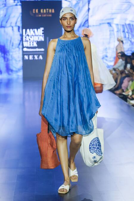 Buy_EK Katha_Blue Silk Organza Embroidery Cord Boat Neck Panelled Dress _Online_at_Aza_Fashions