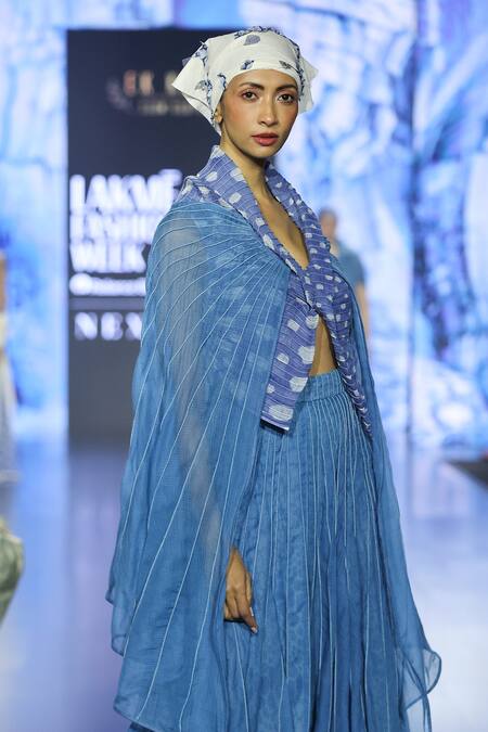 EK Katha_Blue Kota Doriya Printed Butterfly Batik Shawl Collar Cape Blouse _Online_at_Aza_Fashions