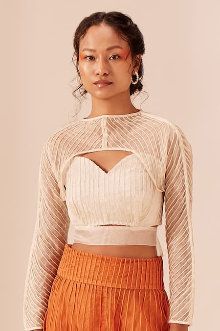 EK Katha_Off White Silk Organza Embroidery Cord Sweetheart Neck Top _Online_at_Aza_Fashions