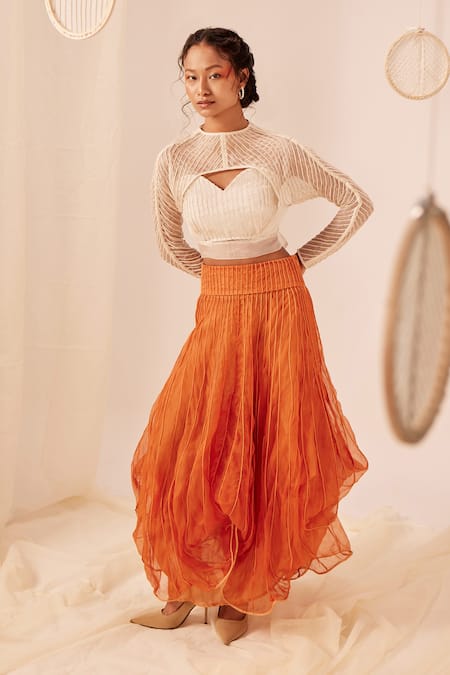 Buy_EK Katha_Off White Silk Organza Embroidery Cord Sweetheart Neck Top _Online_at_Aza_Fashions