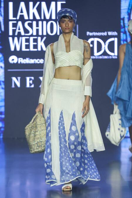EK Katha_Off White Silk, Kota Doria Embroidery Halter Cord Bustier And Mermaid Skirt Set _Online_at_Aza_Fashions