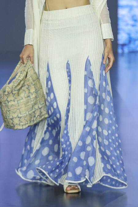 Buy_EK Katha_Off White Silk, Kota Doria Embroidery Halter Cord Bustier And Mermaid Skirt Set _Online_at_Aza_Fashions