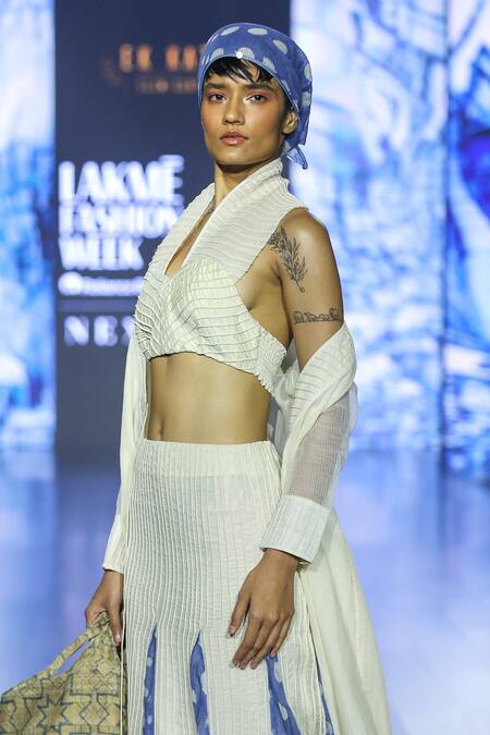 EK Katha_Off White Silk, Kota Doria Embroidery Halter Cord Bustier And Mermaid Skirt Set _at_Aza_Fashions