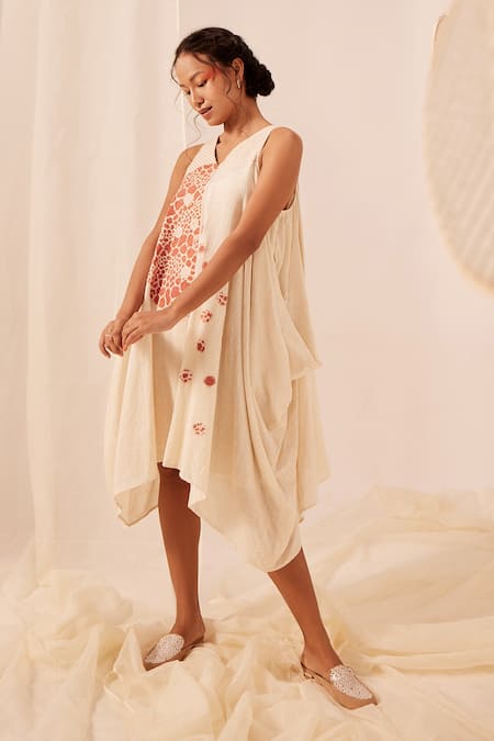 EK Katha_Off White Cotton Embroidery V-neck Batik Patchwork Print Cowl Dress _Online_at_Aza_Fashions