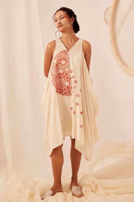 Buy_EK Katha_Off White Cotton Embroidery V-neck Batik Patchwork Print Cowl Dress _Online_at_Aza_Fashions