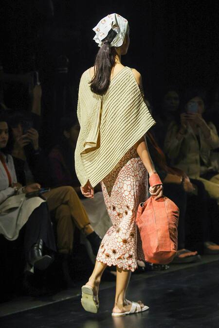 EK Katha_Beige Linen Printed Batik Cutwork Skirt _at_Aza_Fashions