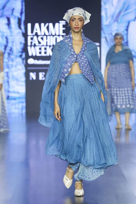 EK Katha_Blue Kota Doriya Embroidery Cord Double Layered Skirt _Online_at_Aza_Fashions