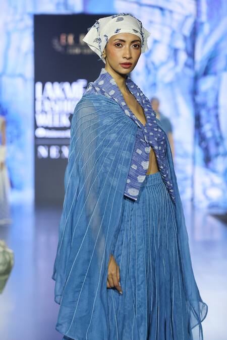 Shop_EK Katha_Blue Kota Doriya Embroidery Cord Double Layered Skirt _Online_at_Aza_Fashions