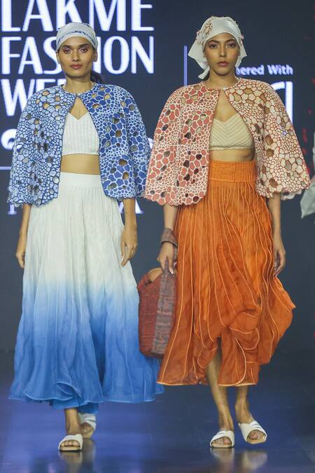 EK Katha_Blue Linen Printed Batik Round Cutwork Cape _Online_at_Aza_Fashions