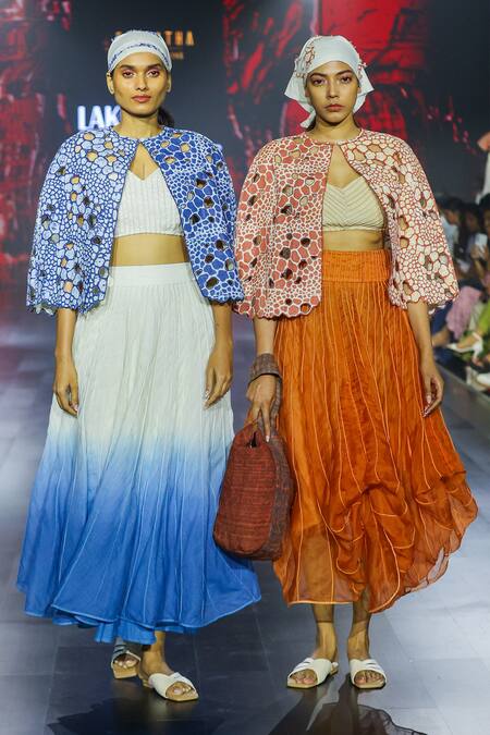 EK Katha_Blue Linen Printed Batik Round Cutwork Cape _at_Aza_Fashions