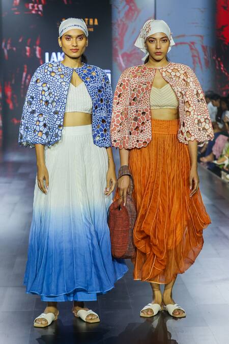 Shop_EK Katha_Blue Linen Printed Batik Round Cutwork Cape 