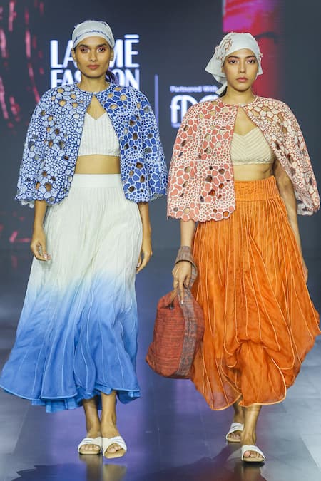 Shop_EK Katha_Orange Linen Printed Batik Round Cape _Online_at_Aza_Fashions