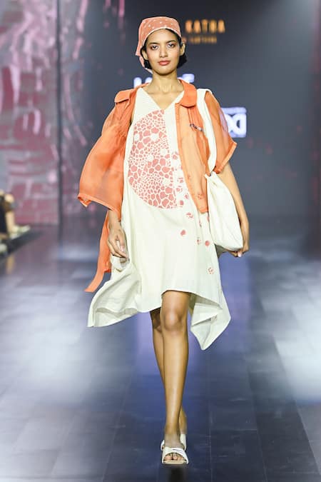 EK Katha_Orange Silk Organza Plain Collar Asymmetric Jacket _Online_at_Aza_Fashions