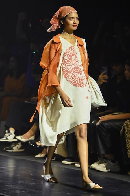 Shop_EK Katha_Orange Silk Organza Plain Collar Asymmetric Jacket _Online_at_Aza_Fashions