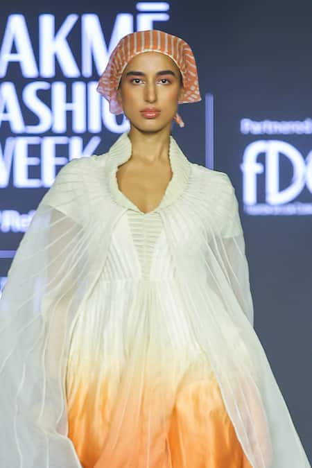 Shop_EK Katha_Off White Kota Doria, Silk Organza Embroidery Collared Ombre Dress _Online_at_Aza_Fashions