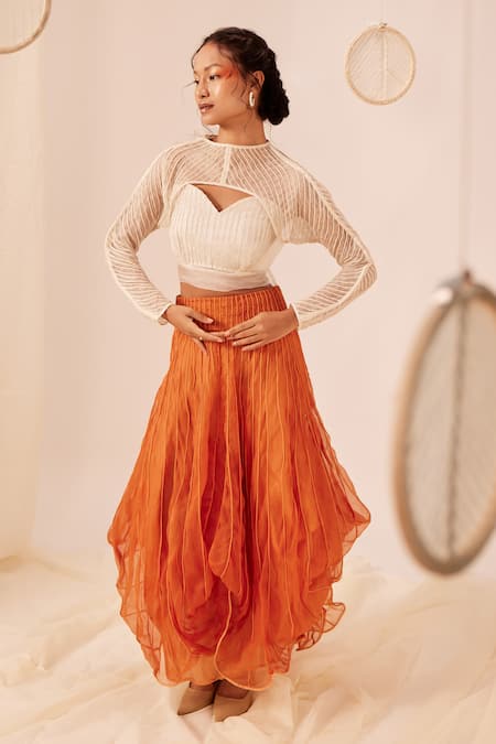 EK Katha_Orange Kota Doria, Handloom Cotton Embroidery Cord Cowl Skirt And Bustier Set _Online_at_Aza_Fashions