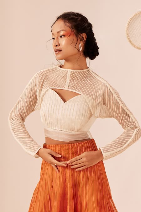 Buy_EK Katha_Orange Kota Doria, Handloom Cotton Embroidery Cord Cowl Skirt And Bustier Set _Online_at_Aza_Fashions