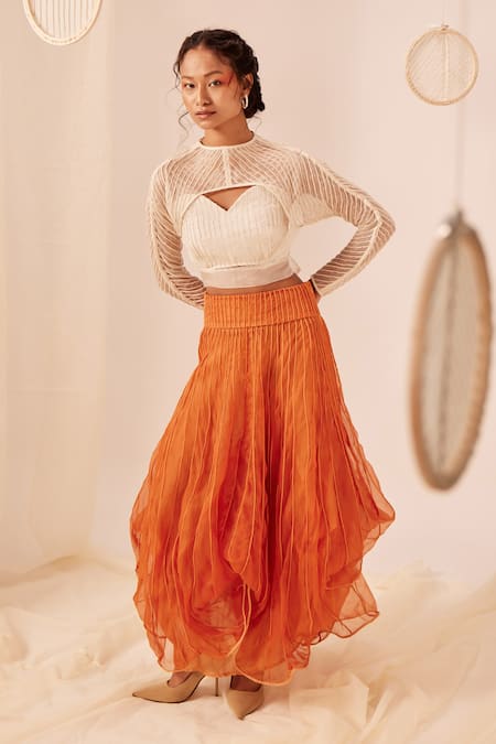 Shop_EK Katha_Orange Kota Doria, Handloom Cotton Embroidery Cord Cowl Skirt And Bustier Set _Online_at_Aza_Fashions